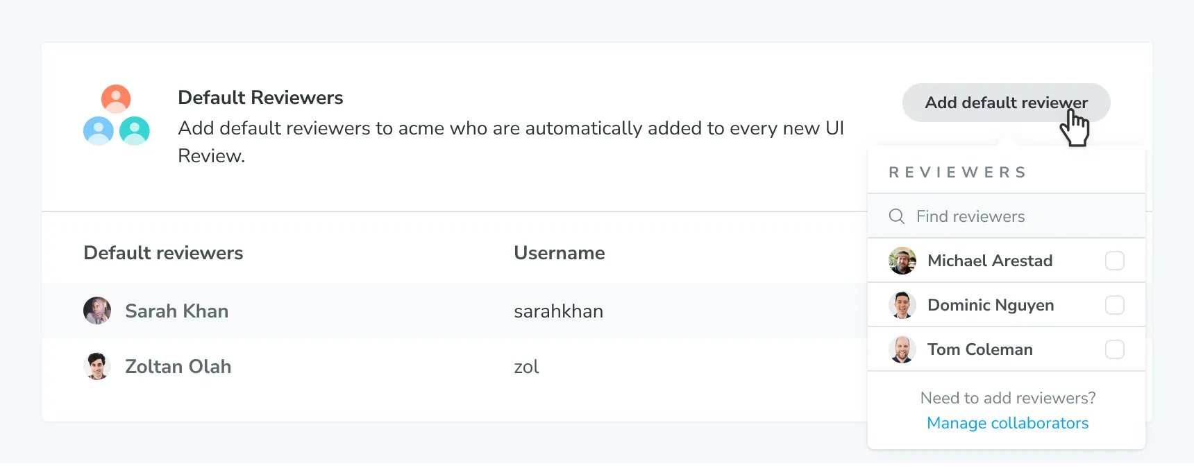 assign default reviewers by picking from your list of collaborators